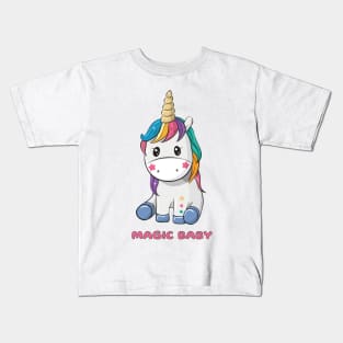 Cute little unicorn girl with coloured hair and words magic baby Kids T-Shirt